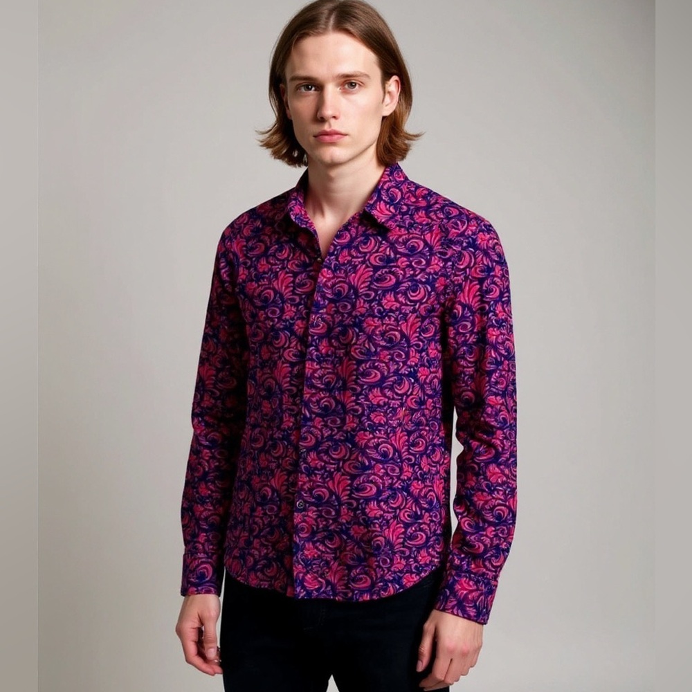 JOGAL Red and Blue Velvet Burnout Disco Clubwear Long Sleeve Button Down Shirt